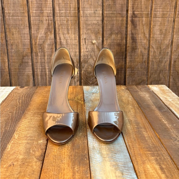 Prada Vero Cuoio Patent Brown Bronze Open Toe High Heels - Picture 5 of 16